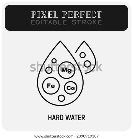 Hard water thin line icon. Water drop with minerals. Editable stroke. Vector illustration.