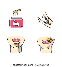 Hard waxing beige color icons set. Shin, chin, upper lip hair removal. Cold natural wax in jar. Facial, body hair depilation. Professional beauty treatment cosmetics. Isolated vector illustrations