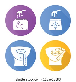 Hard waxing flat design long shadow glyph icons set. Chin, upper lip hair removal. Hot wax in jar. Facial hair depilation. Professional beauty treatment cosmetics. Vector silhouette illustration