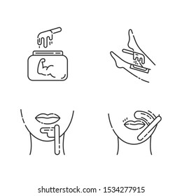 Hard waxing linear icons set. Shin, chin, upper lip hair removal. Cold natural wax in jar. Facial hair depilation. Thin line contour symbols. Isolated vector outline illustrations. Editable stroke