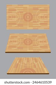 a hard wood basketball court from 3 different angle