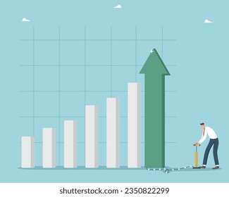 Hard work to achieve high results and success in work or study, rapid career growth and salary increases, economic or investment growth, rapid business development, man is pumping last column of graph