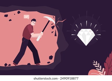 Trabajo duro, empresario ambición cavando con el pico de la minera de hierro en la cueva. Acercándonos a un diamante brillante. Anuncio motivacional empresarial. El trabajo persistente obtendrá resultados. Ilustración vectorial plana