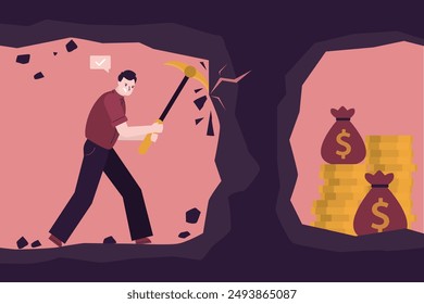 Trabajo duro, empresario ambición cavando con el pico de la minera de hierro en la cueva. Acercarse a las ganancias o ganancias. Anuncio motivacional empresarial. El trabajo persistente obtendrá resultados. Ilustración vectorial plana