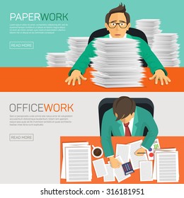 Hard Work, Businessman Accounting At The Office, Vector Illustration.