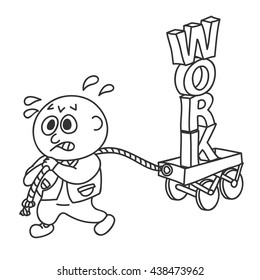 hard work. businessman pulling a wagon with text work. tired exhausted man pulling wagon with the word work. Vector illustration