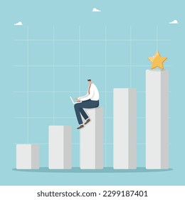 Hard work for career growth and salary increase, financial and economic growth, study of new business development prospects, increase in income and profit, a man sits with a laptop on a growing graph.