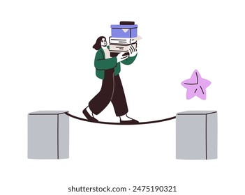 Hard work challenge. Dedicated diligent employee overcoming obstacle on way to goal. Task accomplishment, determination and persistence concept. Flat vector illustration isolated on white background