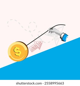 Hard work concept. Businessman Hand pulls a dollar coin up. Working hard for money. Financial problem. Collage Art Vector illustration