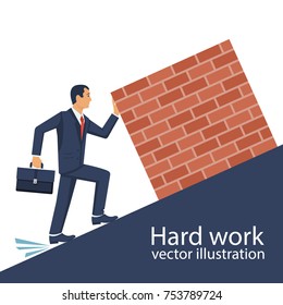 Hard work concept. Businessman lift weight up. Raise cargo. Vector illustration flat design. Isolated on white background. Efforts in work. Male pushes burden forward. Holding big stone. Hard way. 