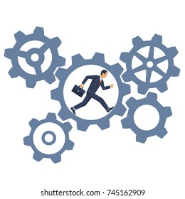 Hard work concept. Businessman running inside gear mechanism. Business mechanism system. Vector illustration flat design. Isolated on white background. Rotate cogwheel.