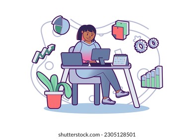 Hard work concept with people scene in the flat cartoon design. The employee works hard at the computer to complete all the tasks. Vector illustration.