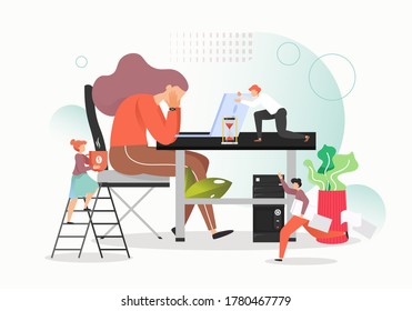 Hard work concept vector flat illustration. Office situation. Unhappy tired and overworked woman sitting at table and having really bad headache. Work burnout, mental fatigue, emotional exhaustion.