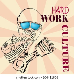 hard work culture text with retro illustration of part of engine and helmet wearing sun glass