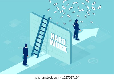 Hard Work And Financial Reward Concept. Vector Of A Business Man Separated By A Wall From A Successful Entrepreneur Under Money Rain 