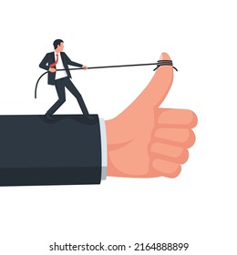 Hard work for good feedback. The businessman likes like. The businessman likes. Pull the rope to raise the thumb up. Vector illustration flat design. Isolated on white background.