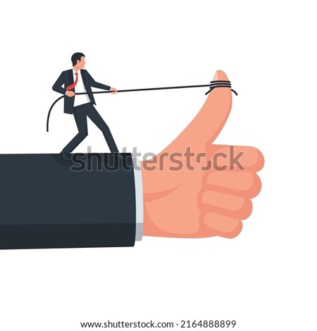 Hard work for good feedback. The businessman likes like. The businessman likes. Pull the rope to raise the thumb up. Vector illustration flat design. Isolated on white background.