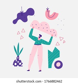 Hard work, guy with cloud vector illustration. Self development, doing impossible concept. Man and irregular shapes doodle drawing. Businessman flat character isolated on white background