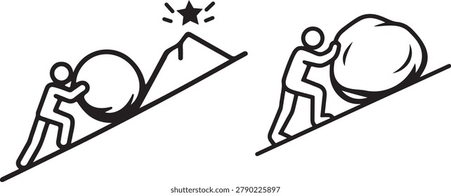 Hard work icon with person moving rock uphill illustrating perseverance and resilience