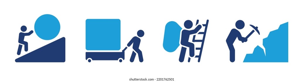 Hard work icon set. Containing worker pushing heavy ball, pull object, carry bag and mining icons. Workman vector illustration.