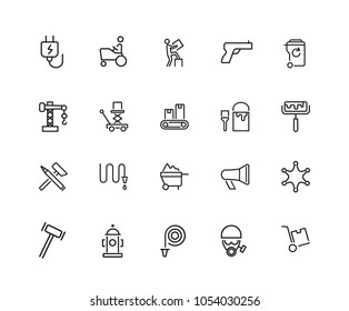 Hard work icons. Set of twenty line icons. Courier, criminal, policeman. Occupation symbols concept. Vector illustration can be used for topics like business, service