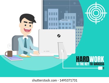 hard work is the key to success. smart target for businessman. commitment for future. happy workplace. flat design modern vector illustration concept.