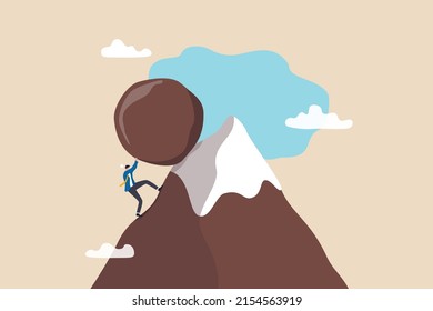 Hard work like pushing boulder uphill, burden or obstacle, business difficulty, struggle, challenge to success, motivation or persistence concept, businessman pushing boulder uphill to mountain peak.