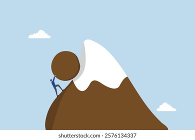 Hard work like pushing boulder uphill, entrepreneur rolling a boulder upward to the summit of a mountain. 