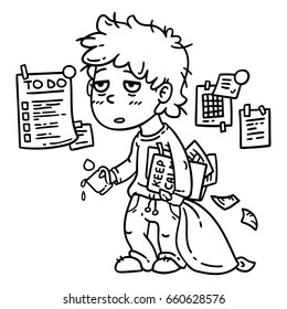 Hard work man. Tired man. Business man working hard. Isolated objects on white background. Vector illustration. Coloring page.