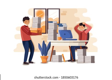 Hard work man. Young clerk weary or exhaust with paper documents, office worker with a load of files, employee in mess and distress.