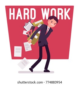 Hard work man. Young clerk weary or exhaust with paper documents, office worker with a load of files, employee in mess and distress. Vector business concept flat style cartoon illustration