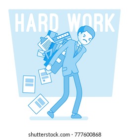 Hard work man. Young clerk weary or exhaust with paper documents, office worker with a load of files, employee in mess and distress. Vector business concept line art illustration