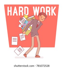 Hard work man. Young clerk weary or exhaust with paper documents, office worker with a load of files, employee in mess and distress. Vector business concept line art illustration