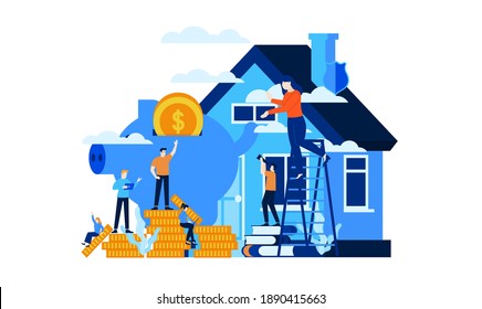 trabajo duro administrar las finanzas ahorrarse para la inversión futura para comprar un fondo de plantilla de concepto de ilustración de vectores de casa se puede usar para presentación banner web UI inicio página