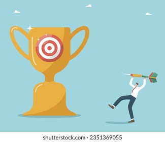 Hard work and motivation to win a competitor and achieve great success, accuracy in setting goals for high results, solving difficult tasks for career growth, man throws dart in board on winning cup.