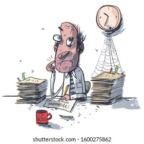 Hard work in the office. Comic character. Vector illustration