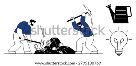 Hard work, productivity, innovation, manual labor, resourcefulness, teamwork. Two men breaking rocks with tools, a watering can and a glowing lightbulb symbol. Hard work and productivity