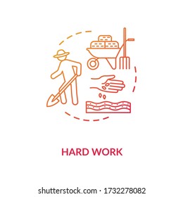 Hard work red concept icon. Farmer seedling. Plant cultivation for agribusiness. Harvest and crop. Local production. Farming idea thin line illustration. Vector isolated outline RGB color drawing