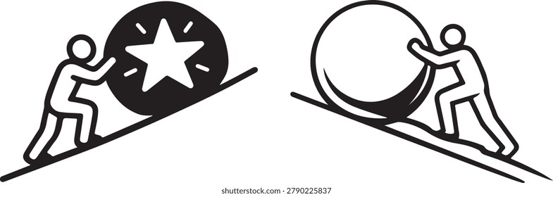 Hard work and resilience icon with person pushing boulder toward achievement