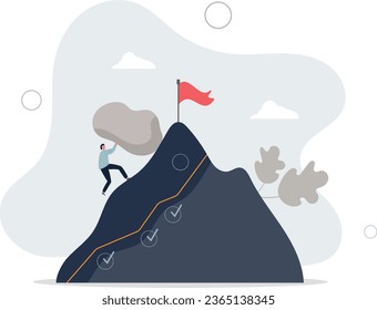 Hard work and successful effort determination process .Achievement motivation as businessman pushing rock on mountain .