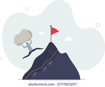 Hard work and successful effort determination process .Achievement motivation as businessman pushing rock on mountain .flat characters.