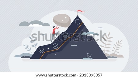 Hard work and successful effort determination process tiny person concept. Achievement motivation as businessman pushing rock on mountain vector illustration. Inspirational strength for goal challenge