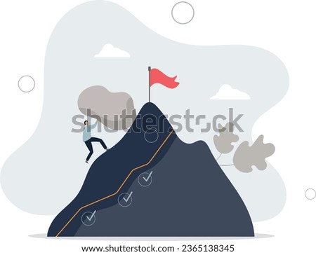 Hard work and successful effort determination process .Achievement motivation as businessman pushing rock on mountain .