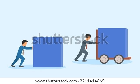 hard work vs smart work.Two businessmen move blocks, one manually the other using available resources. winner in business competitions who always
have innovation more effectively than its competitors