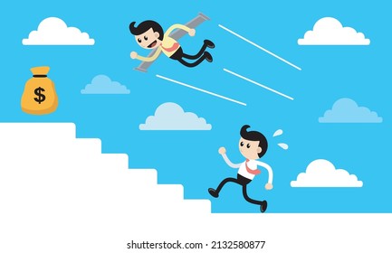 Hard work vs Smart work illustration. people who compete to get money. man flying with jet pack above running man. business competition vector illustration.