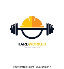 Trabajador duro con diseño vectorial de logotipo de casco y barbero. Adecuado para negocios, industria, símbolo de aptitud 