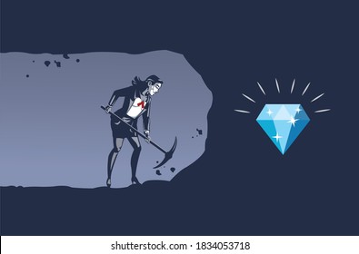 Hard Worker Business Woman Digging with Iron Miner Pickaxe Getting Closer to Shinning Diamond. Business Illustration Concept of Persistent Work will Gain Result