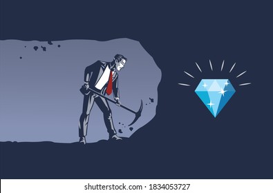 Hard Worker Businessman Digging with Iron Miner Pickaxe Getting Closer to Shinning Diamond. Business Illustration Concept of Persistent Work will Gain Result