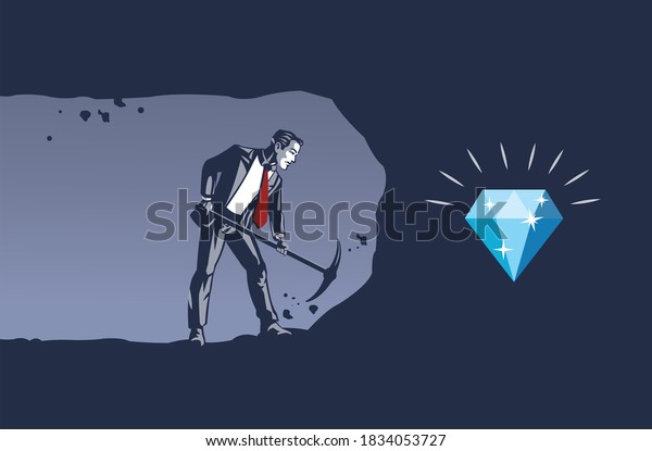 Hard Worker Businessman Digging
with Iron Miner Pickaxe Getting Closer to Shinning Diamond.
Business Illustration Concept of Persistent Work will Gain
Result