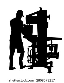 Hard worker man chops firewood on wood splitter vector silhouette isolated. Woodchopping of wooden logs. Laborer boy splits wood with a hydraulic log splitter machine. Lumberjack work high pressure.